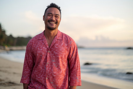 Portrait of happy young handsome man smiling at the beach during sunsetの素材