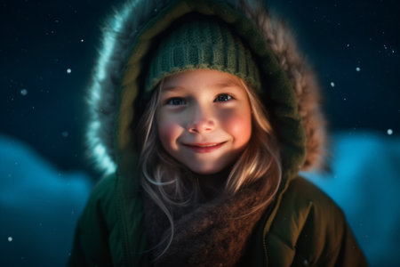 Portrait of a beautiful little girl in a warm hat and coatの素材