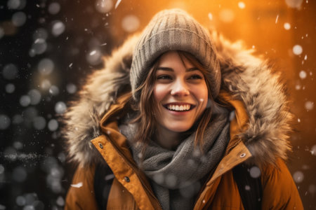 Portrait of a beautiful young woman in winter coat and hat smiling at the camera.の素材