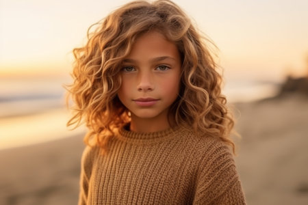 Close up portrait of a beautiful girl with curly hair on the beach at sunsetの素材