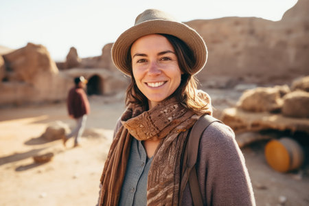 Portrait of smiling woman in hat and scarf looking at camera in desertの素材