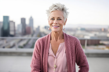 Portrait of a happy senior woman standing outdoors with city in the backgroundの素材