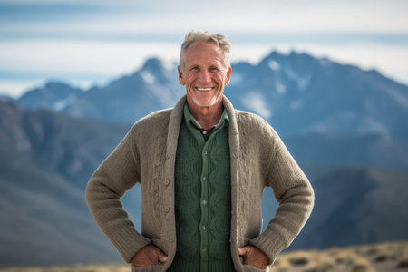 Portrait of happy senior man with hands on hips against mountains in backgroundの素材