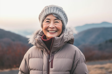 Portrait of a smiling Asian woman in a hat and jacket in the mountainsの素材