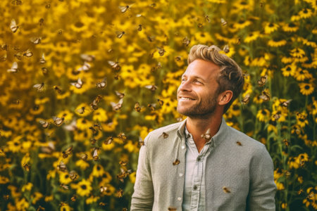 Man in a field of sunflowers. Smiling handsome man in a field of sunflowers.の素材