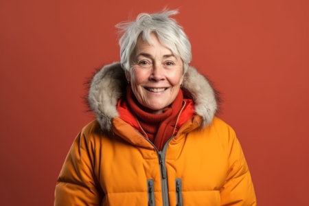 Portrait of a senior woman in warm clothes on a red background.の素材