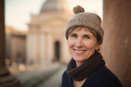 Portrait of smiling middle aged woman in hat and scarf standing outdoorsの素材