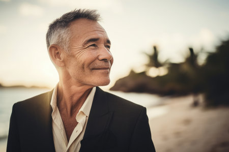 Portrait of happy senior businessman standing on the beach and looking awayの素材