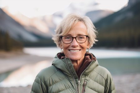 Portrait of smiling senior woman in eyeglasses looking at camera in mountainsの素材
