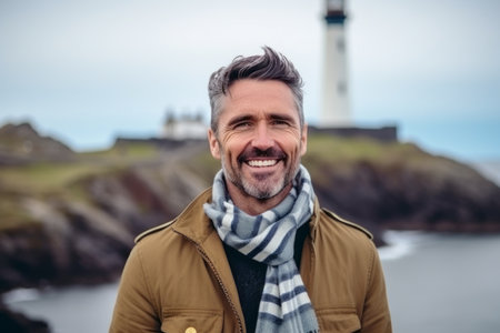 Portrait of handsome man standing in front of a lighthouse in Icelandの素材
