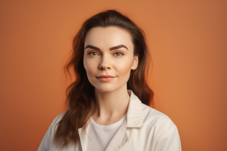 Portrait of beautiful young woman on colored background. looking at cameraの素材