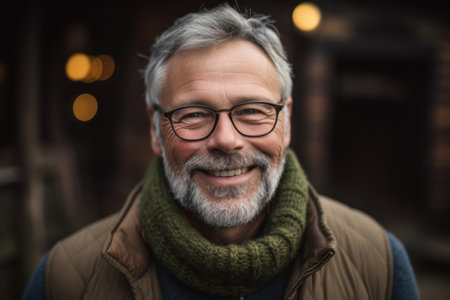 Portrait of smiling senior man wearing eyeglasses and scarf outdoorsの素材