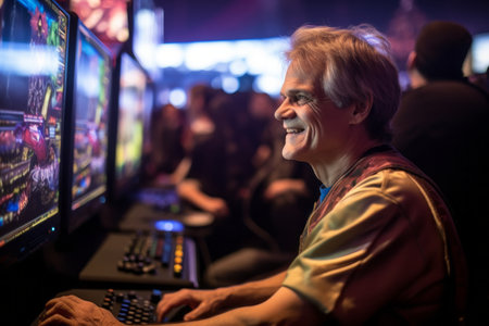 An elderly man plays a game on a powerful computer in a live concertの素材