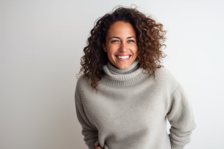 Portrait of a beautiful young woman with curly hair smiling at the cameraの素材