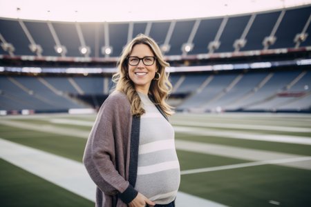Portrait of pregnant woman in eyeglasses standing at football stadiumの素材
