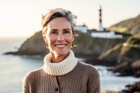 Portrait of smiling mature woman standing at coastline with lighthouse in backgroundの素材