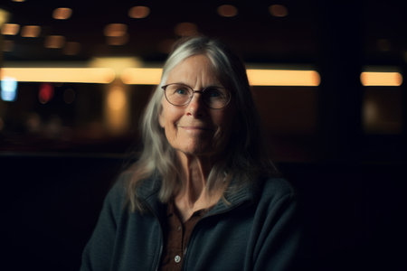 Portrait of a senior woman with gray hair and glasses at nightの素材