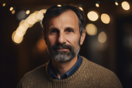 Portrait of a handsome middle-aged man with gray hair and beard in a knitted sweater.の素材
