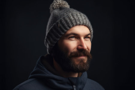 Portrait of a bearded man in a cap on a black backgroundの素材