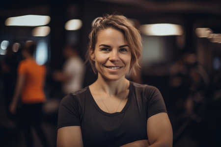 Portrait of a smiling young woman at the gym. She is looking at camera and smiling.の素材
