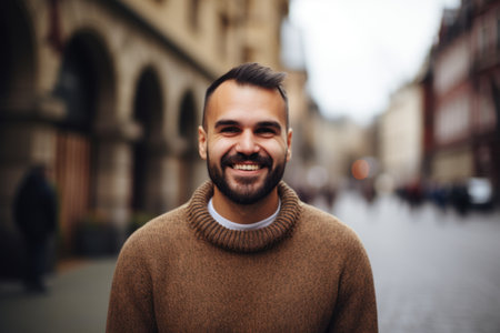 Portrait of a handsome young man smiling in a European city.の素材