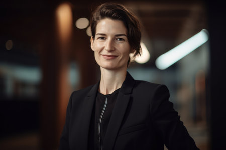 Portrait of a beautiful businesswoman in a black suit smiling at the cameraの素材