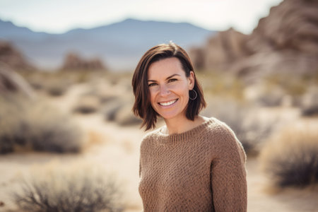 Portrait of smiling woman standing in Joshua Tree National Park in Californiaの素材