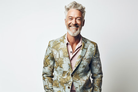 Portrait of a smiling senior man in a jacket. Isolated on white background.の素材