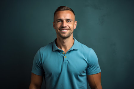 Handsome young man in blue polo shirt on gray backgroundの素材