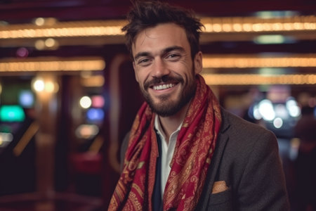 Portrait of a smiling young man with a red scarf at the casinoの素材