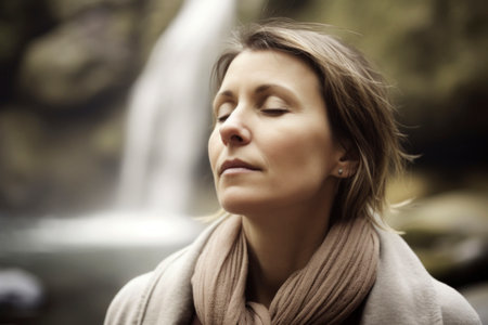 Portrait of a beautiful young woman on a background of a waterfallの素材