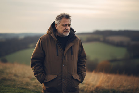 Handsome middle aged man with gray hair in a brown jacket and hood standing on top of a hill looking at the camera with a serious expressionの素材