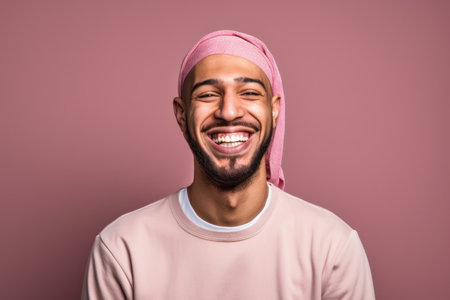 Portrait of a happy arabic man with a pink towel on his headの素材