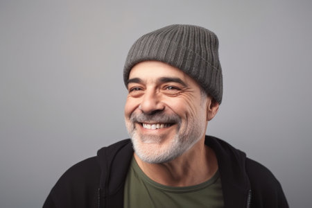 Portrait of a smiling middle-aged man in a warm hat.の素材