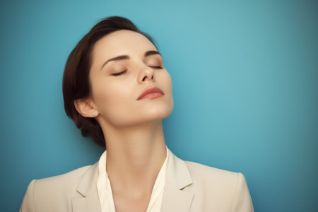 Portrait of a beautiful young woman with closed eyes on blue backgroundの素材