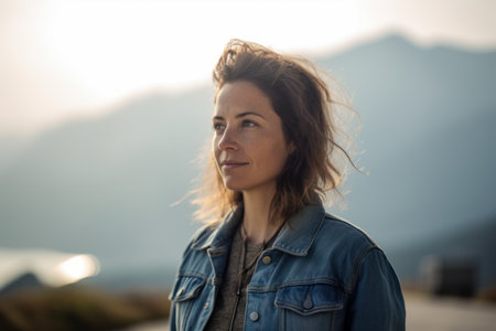 Portrait of a beautiful young woman with long brown hair in a denim jacket on the background of mountainsの素材