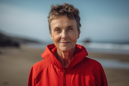 Portrait of senior woman in red jacket smiling at camera on beachの素材