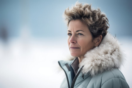 Portrait of a middle-aged woman in winter jacket looking awayの素材