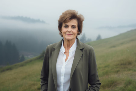 Portrait of a beautiful mature woman in a green jacket on the top of a mountainの素材