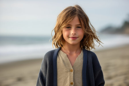 Portrait of a cute little girl on the beach at sunset.の素材