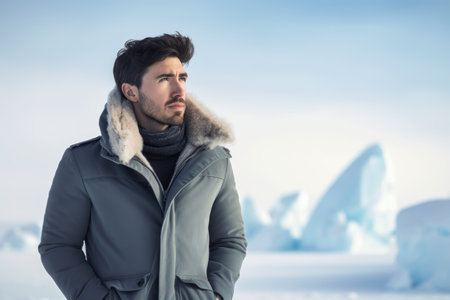 Portrait of handsome man in winter clothing against icebergs on frozen lakeの素材