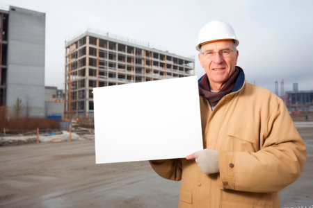 Portrait of smiling mature man in white helmet holding blank sign at construction siteの素材