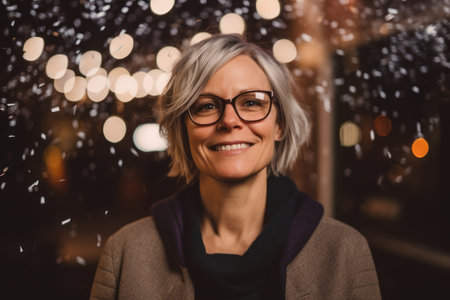 Portrait of a smiling mature woman with glasses in the city at nightの素材