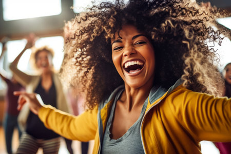 Portrait of a happy african american woman dancing in a dance studioの素材