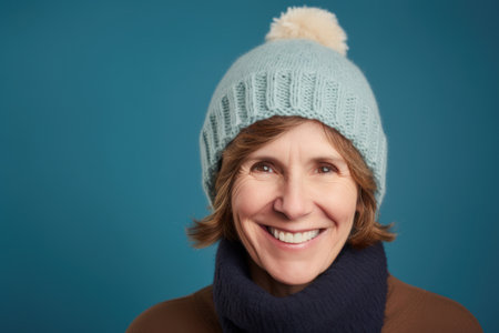 Portrait of smiling senior woman wearing winter hat and scarf on blue backgroundの素材