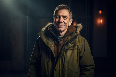 Portrait of a smiling middle-aged man in a winter jacket.の素材