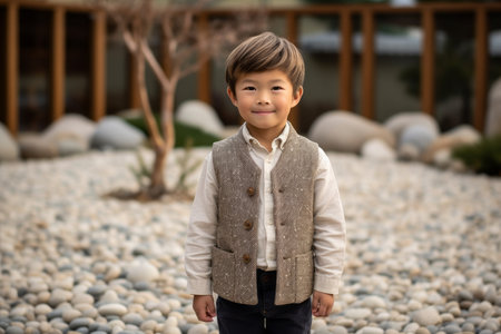 Portrait of a cute little boy in a garden with white stonesの素材