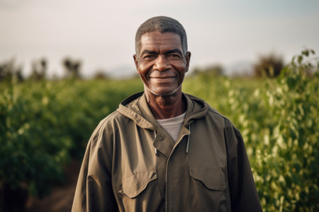 Portrait of smiling African-American farmer standing in soybean fieldの素材