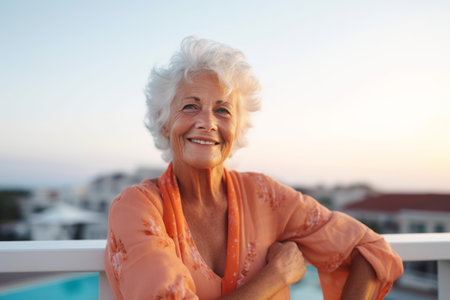 Portrait of happy senior woman standing of cruise ship at sunsetの素材