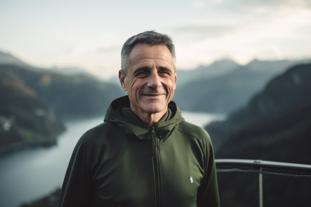 Portrait of a smiling senior man standing on a viewing platform in the mountainsの素材